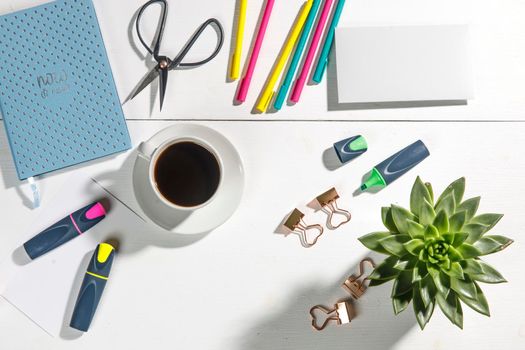 Layout for the office. Back to school. Blue notebook, colorful pens, felt-tip pens, paper clips, potted echeveria, a cup of tea. Place for text