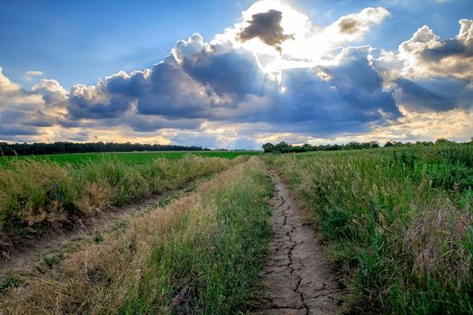 beautiful day landscape with the country road and cloudy sky with sun rays