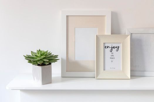 Echeveria in a geometric vase, photo frames on a chest of drawers against a white wall. Scandinavian style. Ready layout.