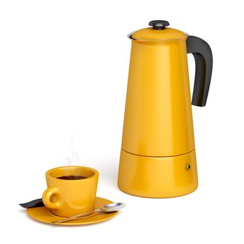 Moka pot and a cup with hot coffee