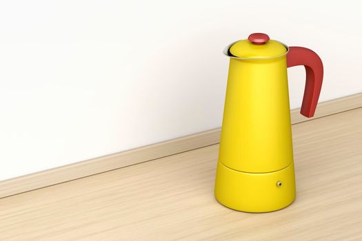 Yellow moka pot on kitchen's wooden table