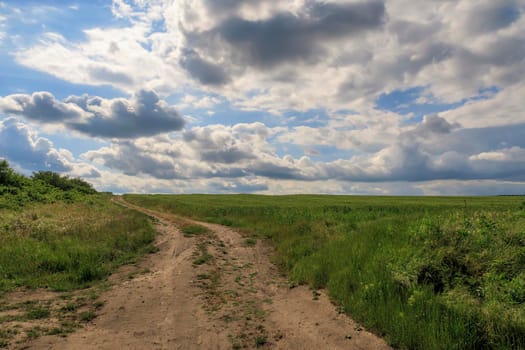 beautiful day landscape with the country road and cloudy sky 