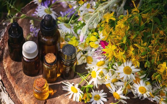 remedy St. John's wort and chamomile flower in a glass bottle close-up horizontal. Nature. Selective focus.