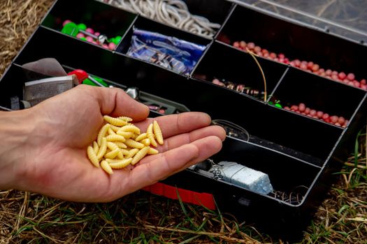 fishing tackle on a wooden float with mountain background and selective focus, nature