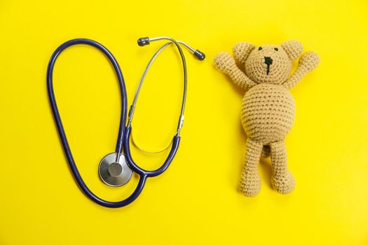 medical supplies on a yellow background, pills water treatment mask virus.