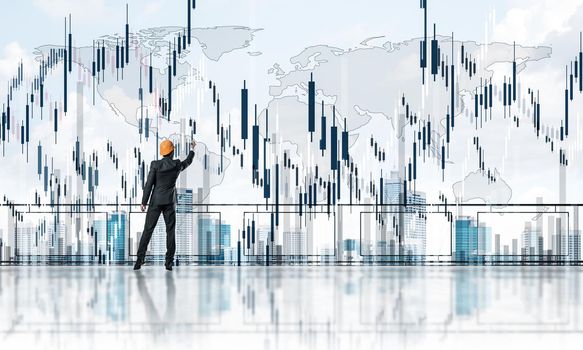 Young engineer in suit at balcony against morning cityscape background