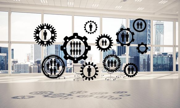 Cogwheels and gears mechanism as social communication concept in office interior. 3D rendering