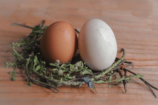 Close up of two Easter eggs in a nest of white dainty flowers