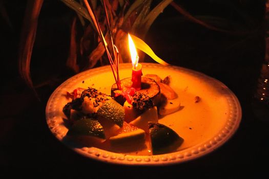 Close up of a sacred offering for Pchum Ben or Ancestor's Day in Khmer or Cambodian Buddhist religion