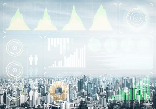 Double exposure business concept with abstract stock market data on background of modern cityscape. Virtual interface of online trading platform. Digital economic indexes, analytics and statistics.