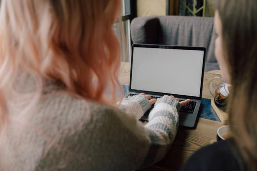 two happy young women sitting in coffee shop looking at laptop computer together. rear view