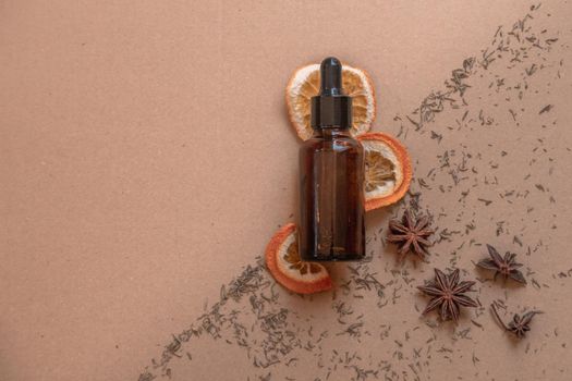 Mockup of a glass dropper bottle of organic vegan skincare serum for a sustainable and eco-friendly lifestyle