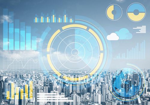 Stock market charts on background of financial district of megapolis city. Digital economy and trading. Risk management and strategy planning. Modern financial technology and data visualization