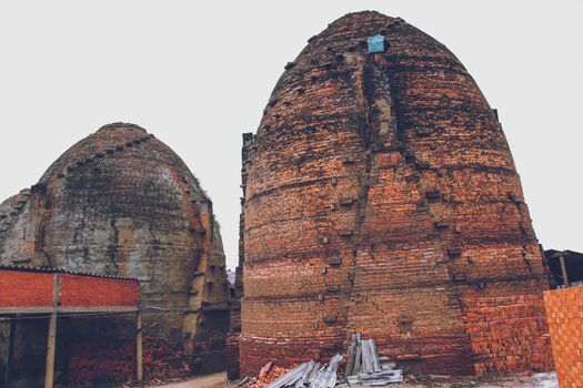 The famous centenarian traditional kilns for manufacturing handmade bricks in Vinh Long Province of Mekong Delta, Vietnam