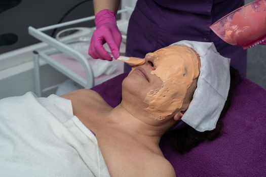 A professional algae mask is applied to the client's face with a spatula