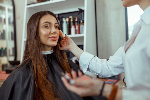 Young female customer getting blush powder on her cheek with a brush. Beauty salon services