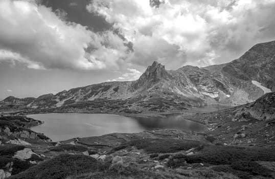 Beauty black and white landscape of lake in Rila mountain, Bulgaria