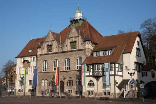 Panoramic image of the townhall of Bergisch Gladbach at morning hours, Germany
