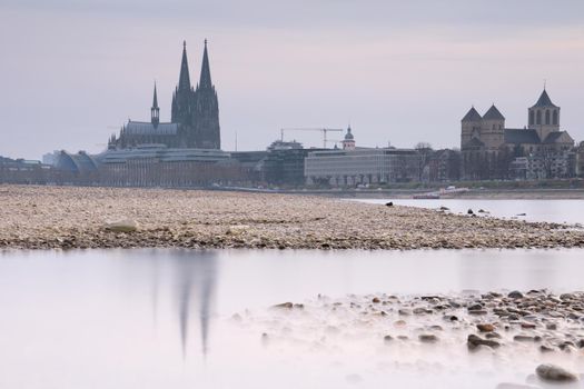 Low water of the Rhine river in Cologne, drought in Germany