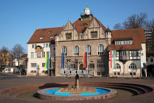 Panoramic image of the townhall of Bergisch Gladbach at morning hours, Germany