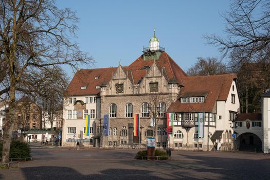 Panoramic image of the townhall of Bergisch Gladbach at morning hours, Germany
