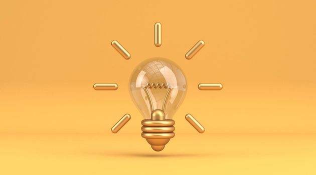 Yellow gold light bulb icon 3D rendering illustration isolated on yellow background