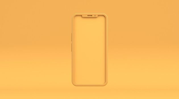 Smartphone blank yellow display 3D rendering illustration isolated on yellow background