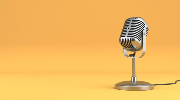Retro vintage microphone 3D rendering illustration isolated on yellow background