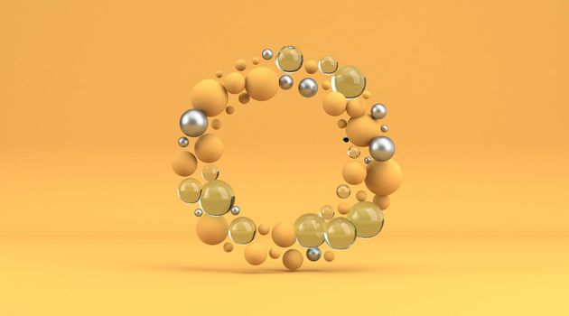 Circle made of yellow, glass and silver pearls 3D rendering illustration isolated on yellow background