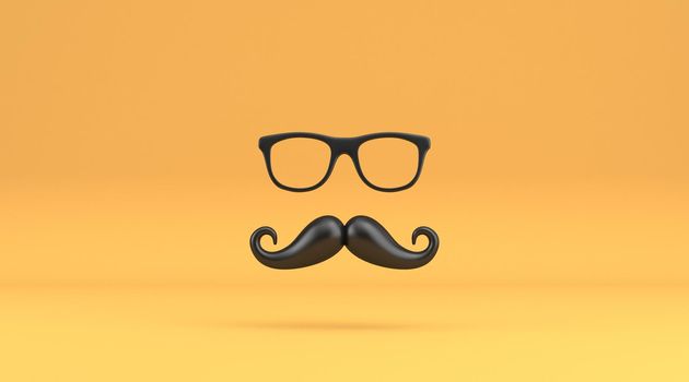 Black mustache and sunglasses 3D rendering illustration isolated on yellow background