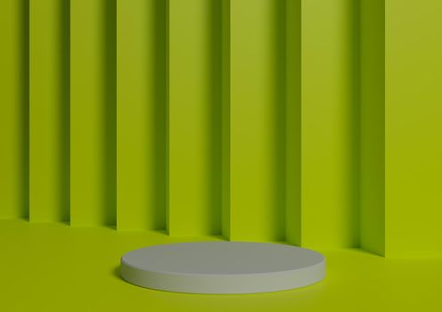 Simple, Minimal 3D Render Composition with One White Cylinder Podium or Stand on Abstract Bright Lime Green Background for Product Display