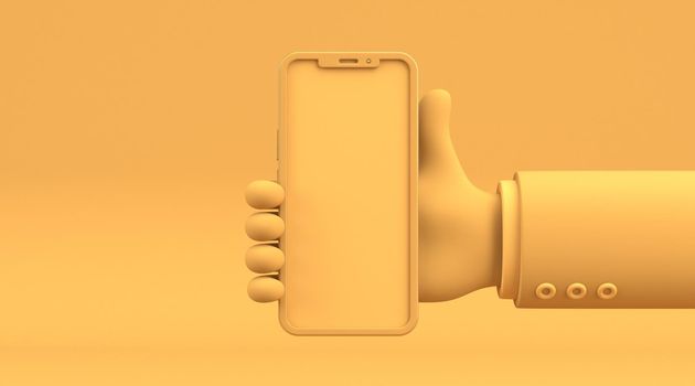 Hand holding smartphone 3D rendering illustration isolated on yellow background