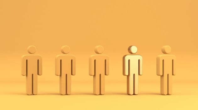 One different golden man among others 3D rendering illustration isolated on yellow background