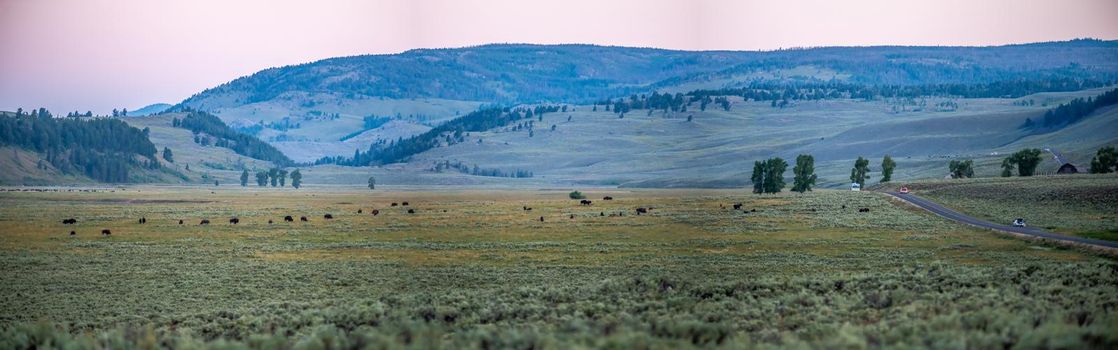 The sun setting over the Lamar Valley near the northeast entrance of Yellowstone National Park in Wyoming.