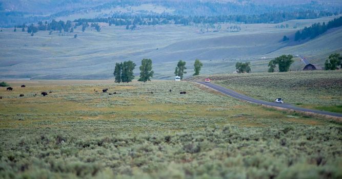 The sun setting over the Lamar Valley near the northeast entrance of Yellowstone National Park in Wyoming.