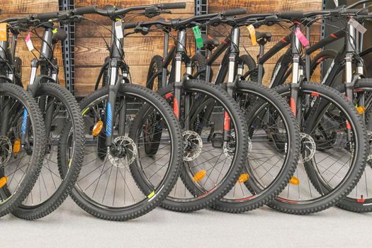 bicycles on the shelves of stores large. photo