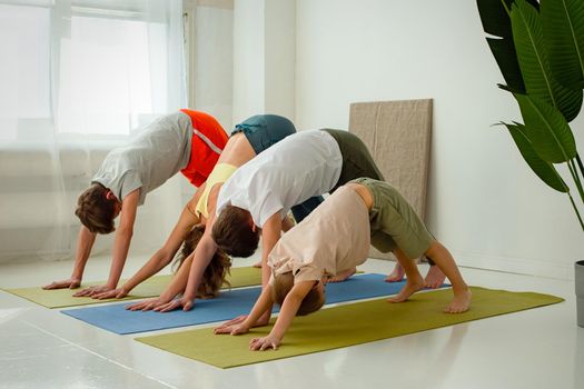 a boy, two teenagers and a woman perform yoga exercises on mats, standing in a downward dog pose
