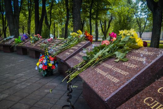 Krivoy Rog, Ukraine - may 18, 2020: A man with flowers near the memorial to fallen soldiers - defenders of Ukraine while honoring the memory of those killed in the battles for Debaltseve