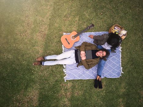 High angle shot of a young couple having a romantic date in the park.