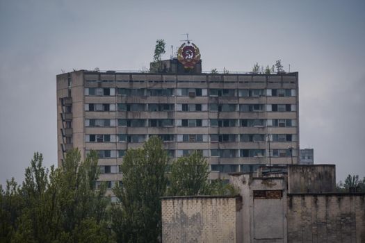Pripyat, Ukraine - August 19, 2017: View to the central square of abandoned town