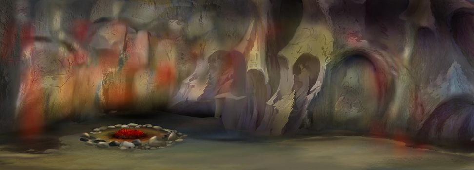 Caveman cave in prehistoric era. Digital Painting Background, Illustration.