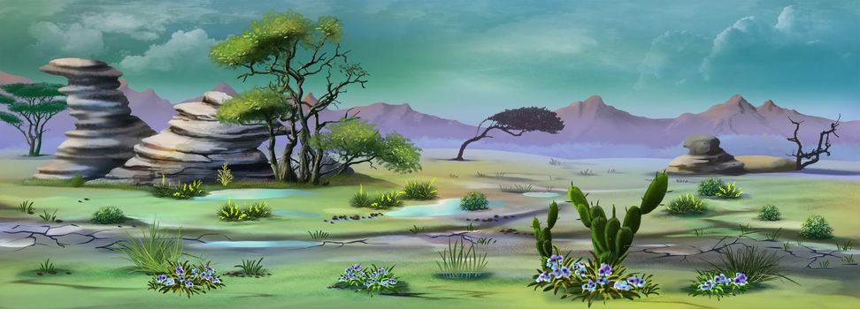 African savannah wildlife after a tropical rainstorm. Digital Painting Background, Illustration.