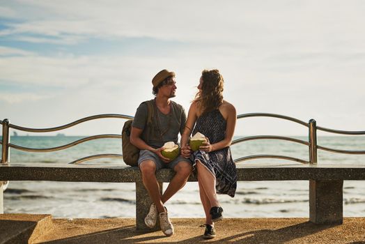 Shot of a happy young couple enjoying cocktails while relaxing on a bench by the beach.