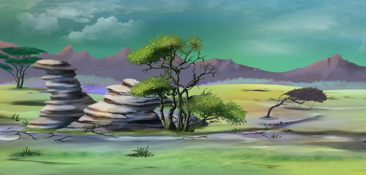 African savannah wildlife after a tropical rainstorm. Digital Painting Background, Illustration.