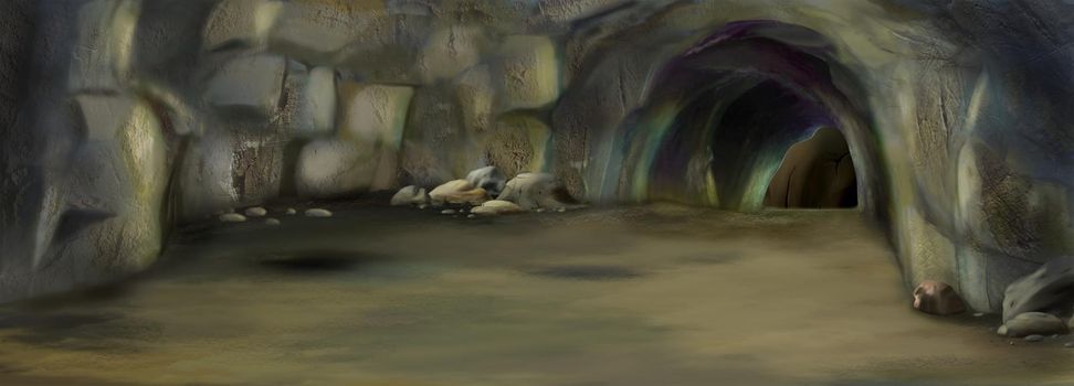 Caveman cave in prehistoric era. Digital Painting Background, Illustration.