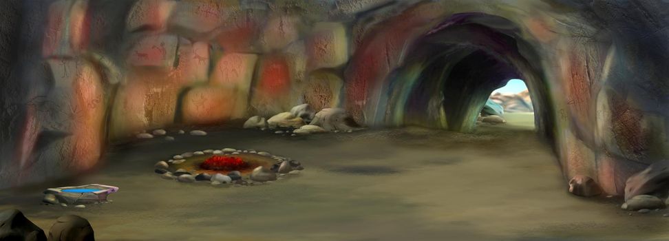 Caveman cave in prehistoric era. Digital Painting Background, Illustration.