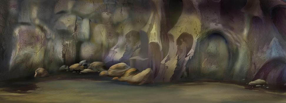 Large cave with drawings of ancient people on the walls. Digital Painting Background, Illustration.