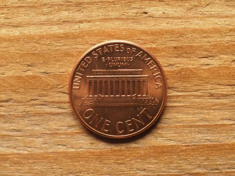 one cent coin reverse side showing Lincoln memorial, currency of the United States