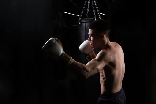 Boxer bag athlete practices blows the The glove black young male boxing, for muscular muscle for fight and fist lifestyle, shadow martial. Athletic active box,