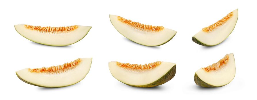 Six slices of delicious green tendral melons in a cross-section, isolated on white background with copy space for text or images. Sweet flesh with seeds. Pumpkin plant family. Side view. Close-up shot.